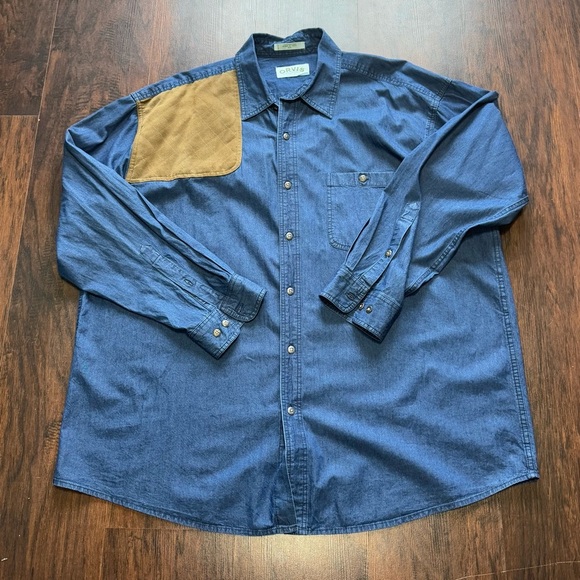Orvis Classic Blue Cotton Button down long sleeve Shirt with suede patch XXL - Picture 8 of 11
